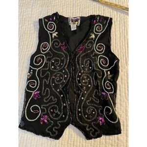 Vtg. 80's Other Destination Beaded Black Silk Floral Pattern Lined Vest sz. S